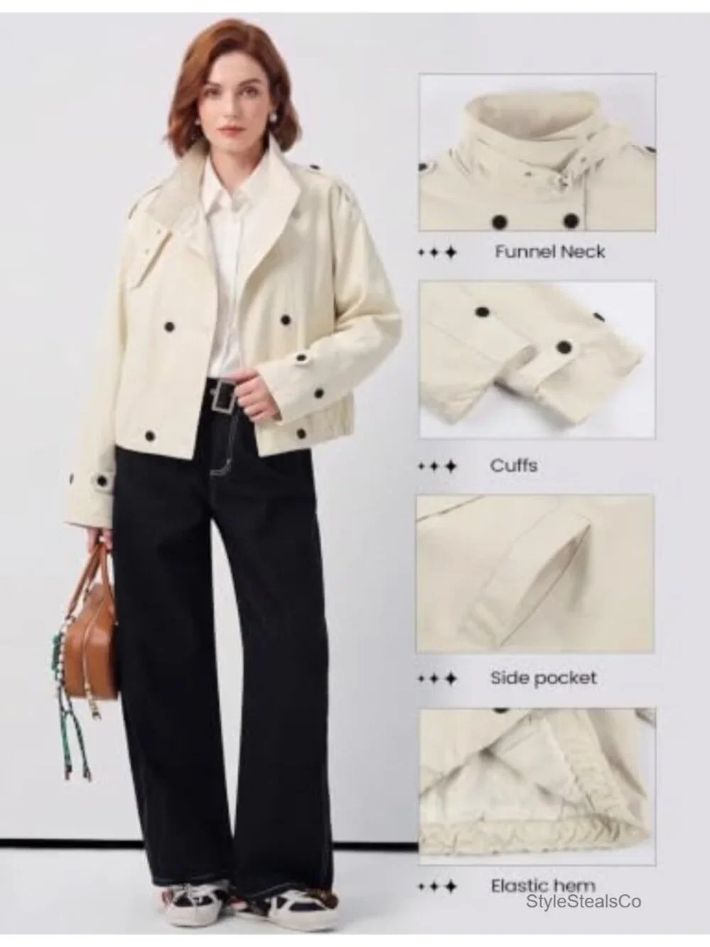 Womens Cropped Trench Coat Funnel Neck Lightweight Button Down Jacket